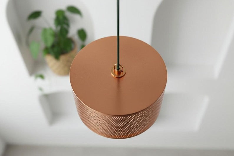 Handmade Moroccan Brass Drum Pendant Light – Perforated Copper Brass Cylinder Hanging Lamp, Warm Boho Mediterranean Ceiling Light for Kitchen Island, Dining Room, Bedroom & Living Room