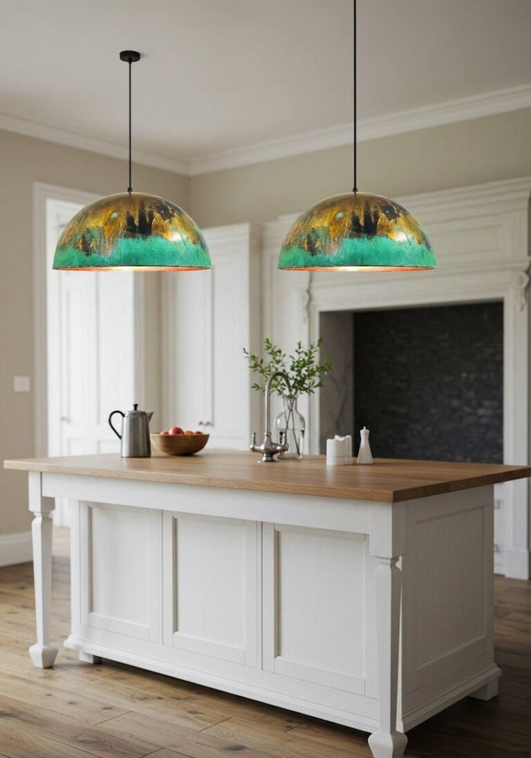 Green and Gold Patina Copper Dome Pendant Light, Handmade Moroccan Verdigris Kitchen Island Chandelier, Rustic Brass Copper Hanging Lamp, Boho Farmhouse Ceiling Light Fixture