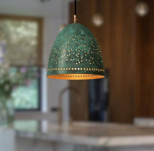 Handmade Green Patina Brass Pendant Light – Moroccan Dome Pendant Lamp with Pierced Star Pattern for Kitchen Island, Dining Room & Boho Home Décor