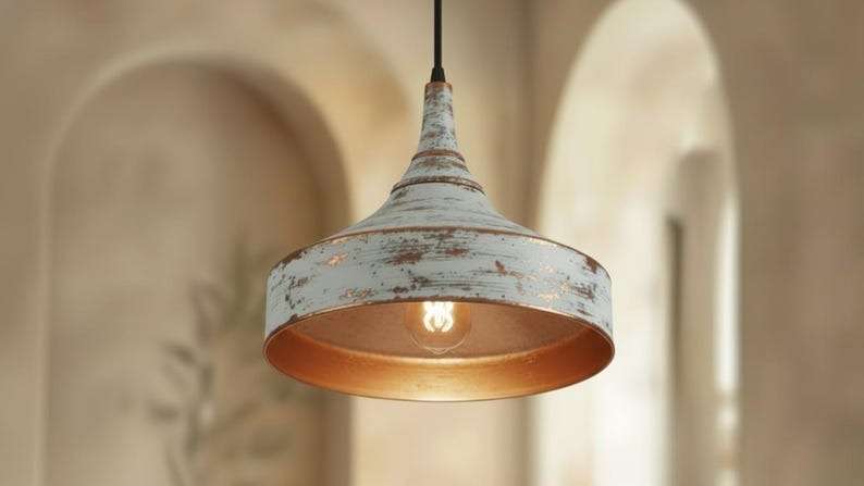 Handmade Moroccan Brass Pendant Light – Distressed White Patina Cone Ceiling Lamp, Rustic Farmhouse Kitchen Island Fixture