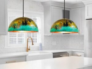 Green and Gold Patina Copper Dome Pendant Light, Handmade Moroccan Verdigris Kitchen Island Chandelier, Rustic Brass Copper Hanging Lamp, Boho Farmhouse Ceiling Light Fixture