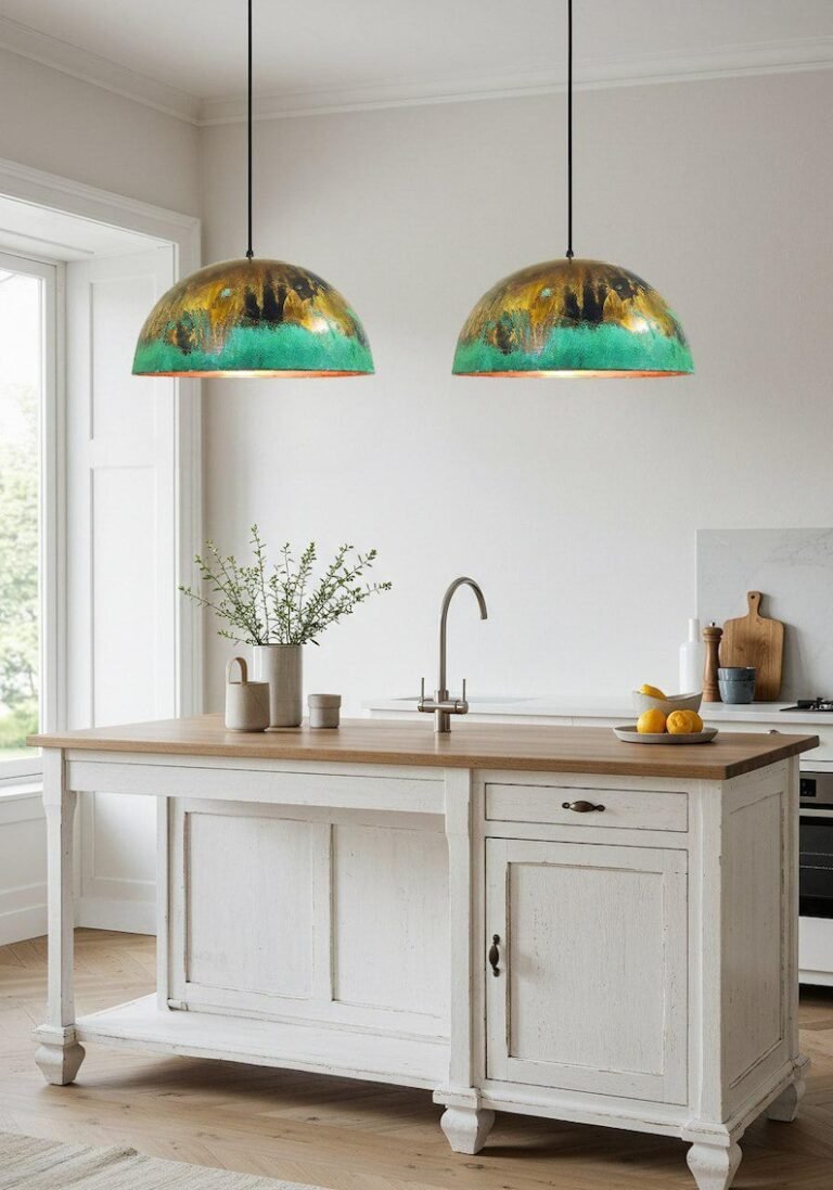 Green and Gold Patina Copper Dome Pendant Light, Handmade Moroccan Verdigris Kitchen Island Chandelier, Rustic Brass Copper Hanging Lamp, Boho Farmhouse Ceiling Light Fixture