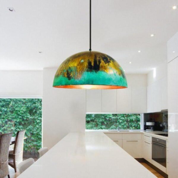 Green and Gold Patina Copper Dome Pendant Light, Handmade Moroccan Verdigris Kitchen Island Chandelier, Rustic Brass Copper Hanging Lamp, Boho Farmhouse Ceiling Light Fixture