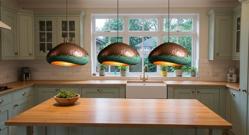Two-Tone Copper and Green Patina Saucer Pendant Light, Handmade Moroccan Hammered Copper Chandelier, Verdigris Kitchen Island Hanging Lamp, Rustic Boho Farmhouse Ceiling Light Fixture