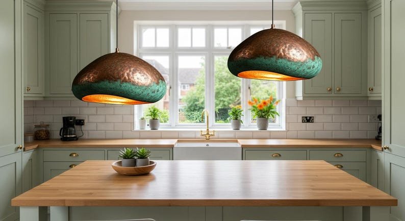 Two-Tone Copper and Green Patina Saucer Pendant Light, Handmade Moroccan Hammered Copper Chandelier, Verdigris Kitchen Island Hanging Lamp, Rustic Boho Farmhouse Ceiling Light Fixture
