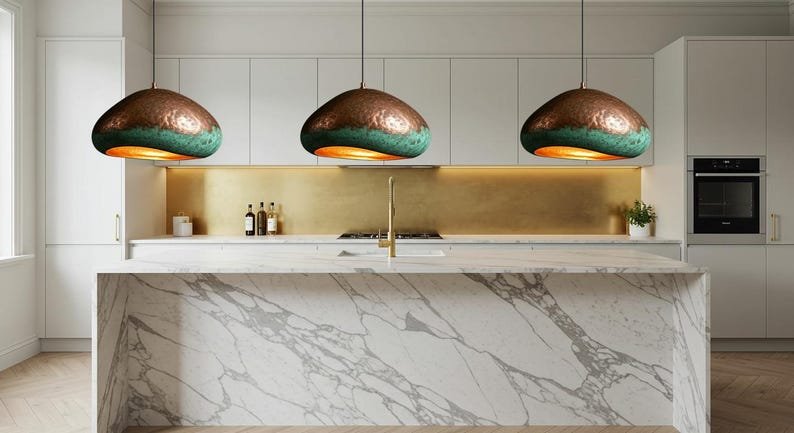 Two-Tone Copper and Green Patina Saucer Pendant Light, Handmade Moroccan Hammered Copper Chandelier, Verdigris Kitchen Island Hanging Lamp, Rustic Boho Farmhouse Ceiling Light Fixture