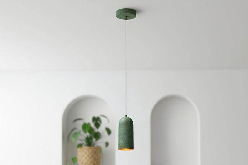 Handmade Moroccan Brass Cylinder Pendant Light – Green Verdigris Patina Hanging Lamp with Warm Gold Interior, Minimalist Boho Ceiling Light for Kitchen Island, Dining Room, Bedroom & Entryway