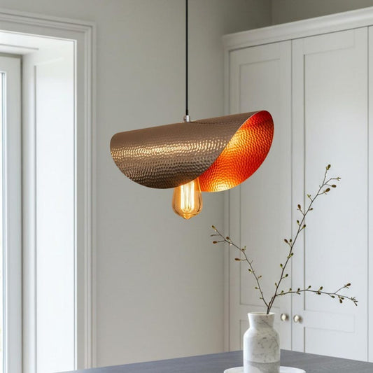 Hammered Brass Linear Pendant Light – Two-Tone Antique Brass and Copper Kitchen Island Fixture