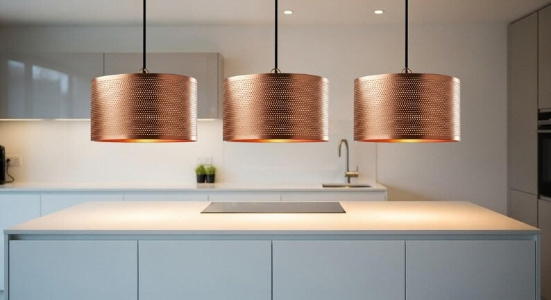 Handmade Moroccan Brass Drum Pendant Light – Perforated Copper Brass Cylinder Hanging Lamp, Warm Boho Mediterranean Ceiling Light for Kitchen Island, Dining Room, Bedroom & Living Room