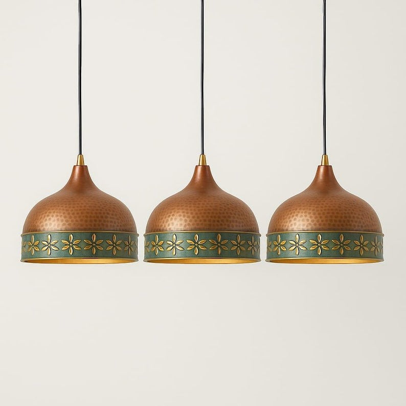 Hammered Brass Dome Pendant Light – Copper & Verdigris Floral Moroccan Kitchen Island Chandelier