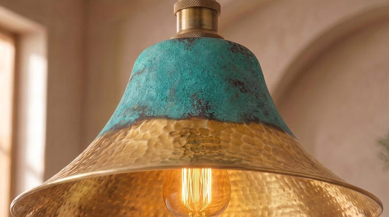 Handmade Brass Moroccan Pendant Light – Verdigris Green Patina & Hammered Brass Dome Kitchen Island Hanging Lamp, Boho Farmhouse Ceiling Light Fixture