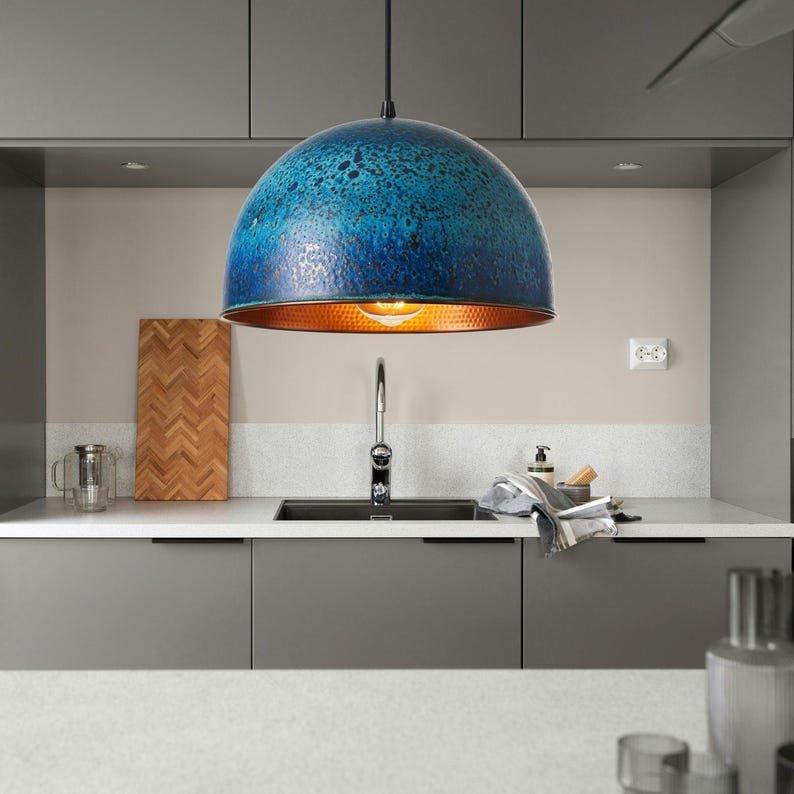 Blue Patina Copper Pendant Light, Handmade Moroccan Hammered Copper Dome Chandelier, Rustic Verdigris Kitchen Island Hanging Lamp, Boho Copper Ceiling Light Fixture