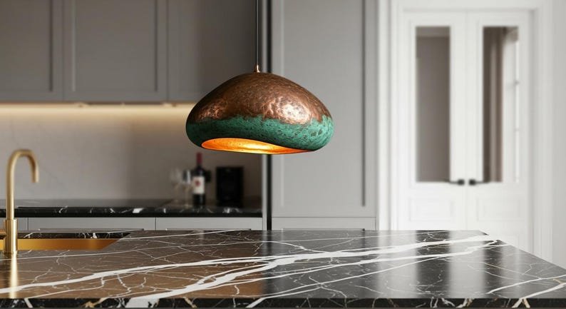 Two-Tone Copper and Green Patina Saucer Pendant Light, Handmade Moroccan Hammered Copper Chandelier, Verdigris Kitchen Island Hanging Lamp, Rustic Boho Farmhouse Ceiling Light Fixture