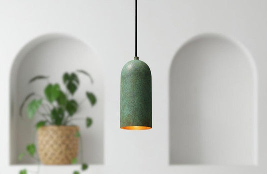Handmade Moroccan Brass Cylinder Pendant Light – Green Verdigris Patina Hanging Lamp with Warm Gold Interior, Minimalist Boho Ceiling Light for Kitchen Island, Dining Room, Bedroom & Entryway