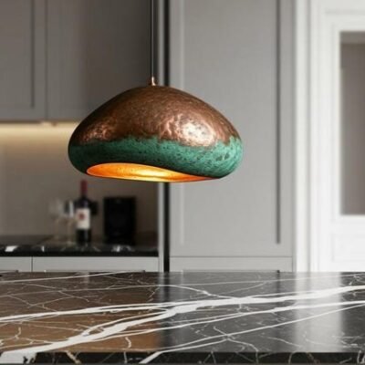 Two-Tone Copper and Green Patina Saucer Pendant Light, Handmade Moroccan Hammered Copper Chandelier, Verdigris Kitchen Island Hanging Lamp, Rustic Boho Farmhouse Ceiling Light Fixture