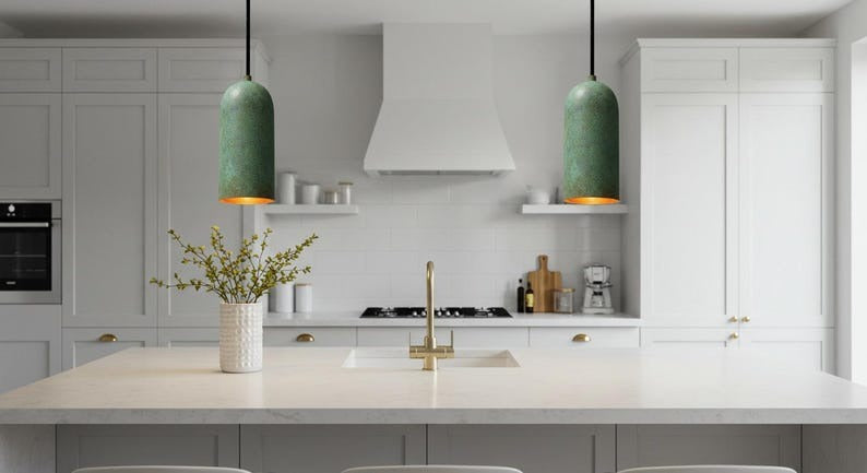 Handmade Moroccan Brass Cylinder Pendant Light – Green Verdigris Patina Hanging Lamp with Warm Gold Interior, Minimalist Boho Ceiling Light for Kitchen Island, Dining Room, Bedroom & Entryway