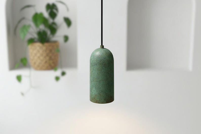 Handmade Moroccan Brass Cylinder Pendant Light – Green Verdigris Patina Hanging Lamp with Warm Gold Interior, Minimalist Boho Ceiling Light for Kitchen Island, Dining Room, Bedroom & Entryway