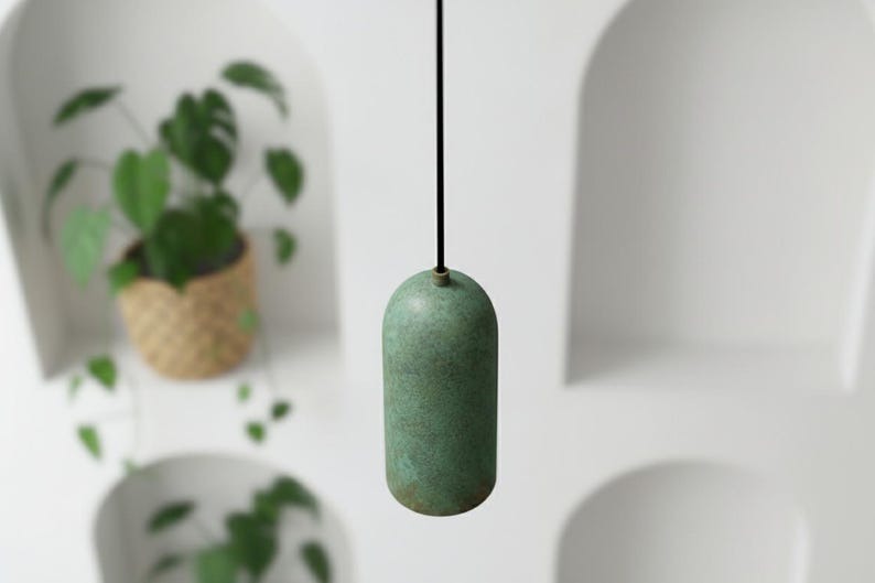 Handmade Moroccan Brass Cylinder Pendant Light – Green Verdigris Patina Hanging Lamp with Warm Gold Interior, Minimalist Boho Ceiling Light for Kitchen Island, Dining Room, Bedroom & Entryway