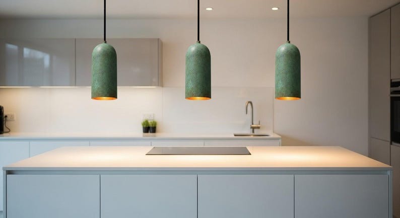 Handmade Moroccan Brass Cylinder Pendant Light – Green Verdigris Patina Hanging Lamp with Warm Gold Interior, Minimalist Boho Ceiling Light for Kitchen Island, Dining Room, Bedroom & Entryway