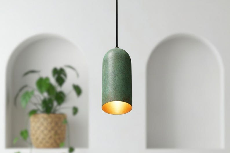 Handmade Moroccan Brass Cylinder Pendant Light – Green Verdigris Patina Hanging Lamp with Warm Gold Interior, Minimalist Boho Ceiling Light for Kitchen Island, Dining Room, Bedroom & Entryway