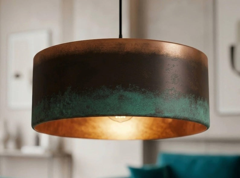 Handmade Moroccan Brass Drum Pendant Light – Aged Copper and Green Verdigris Patina Hanging Lamp with Warm Gold Interior, Large Modern Boho Ceiling Light for Living Room, Kitchen Island & Dining Room