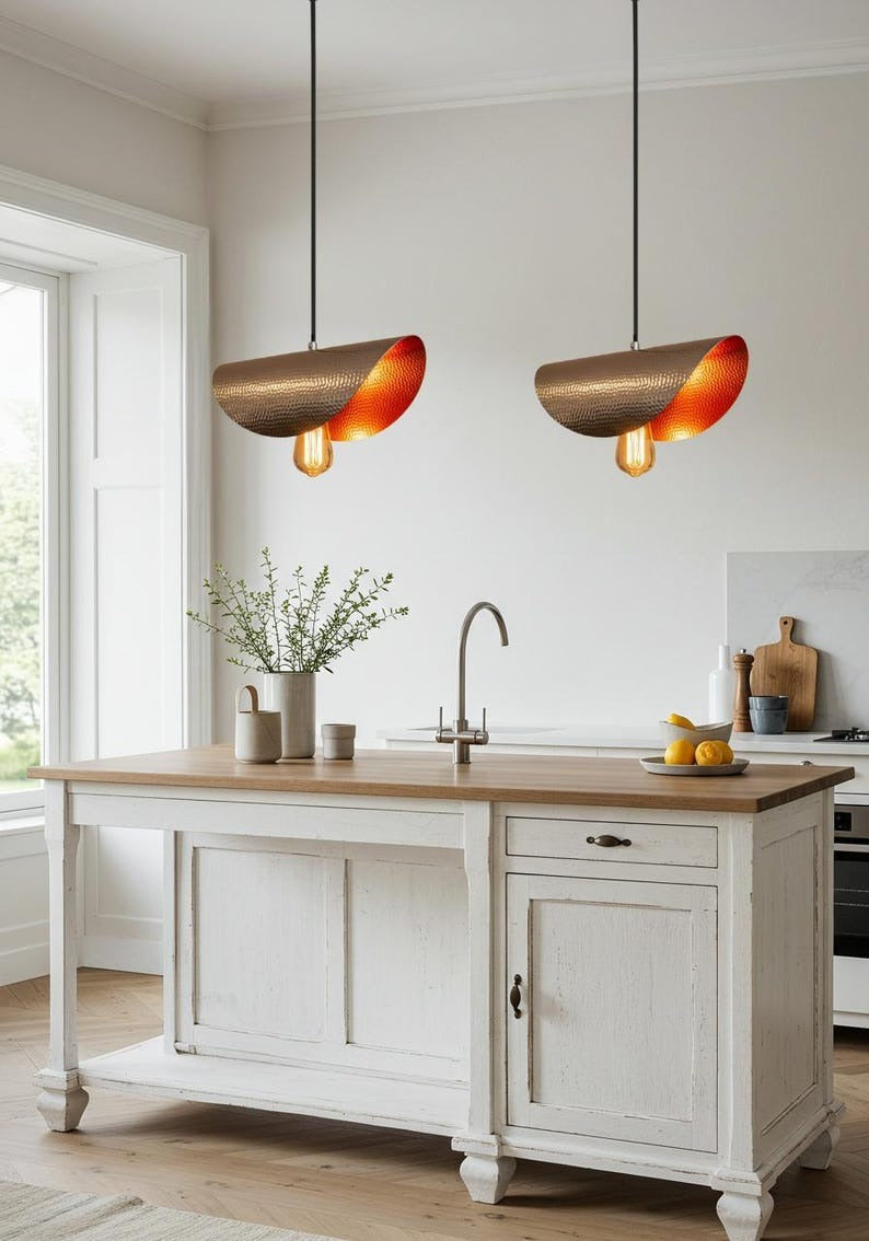 Hammered Brass Linear Pendant Light – Two-Tone Antique Brass and Copper Kitchen Island Fixture