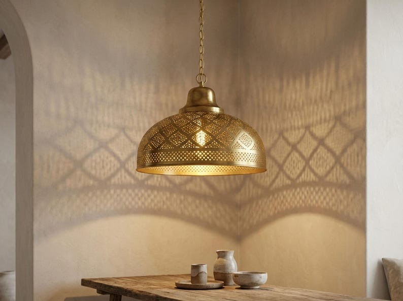 Moroccan Pierced Brass Dome Pendant Light – Antique Gold Kitchen Island Chandelier with Geometric Shadow Pattern