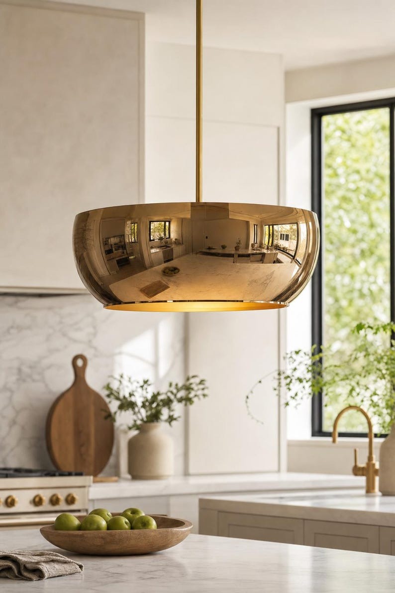 Handmade Polished Brass Pendant Light – Modern Moroccan Bowl Hanging Lamp for Kitchen Island, Dining Room & Luxury Home Decor
