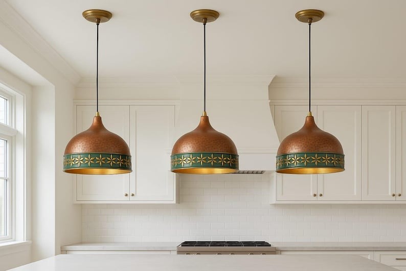 Hammered Brass Dome Pendant Light – Copper & Verdigris Floral Moroccan Kitchen Island Chandelier