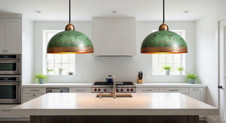 Green Patina Copper Pendant Light, Handmade Dome Ceiling Lamp, Rustic Moroccan Kitchen Island Chandelier with Copper Rim