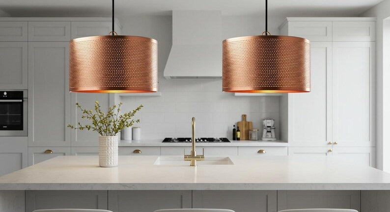 Handmade Moroccan Brass Drum Pendant Light – Perforated Copper Brass Cylinder Hanging Lamp, Warm Boho Mediterranean Ceiling Light for Kitchen Island, Dining Room, Bedroom & Living Room