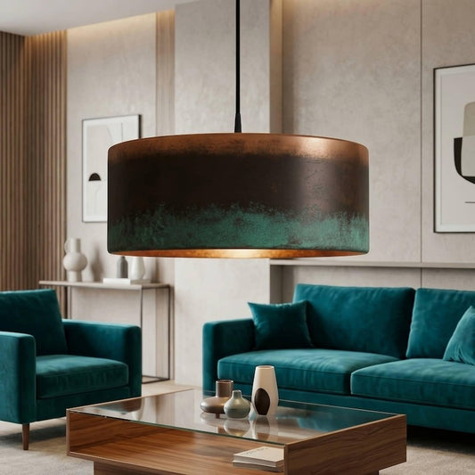 Handmade Moroccan Brass Drum Pendant Light – Aged Copper and Green Verdigris Patina Hanging Lamp with Warm Gold Interior, Large Modern Boho Ceiling Light for Living Room, Kitchen Island & Dining Room