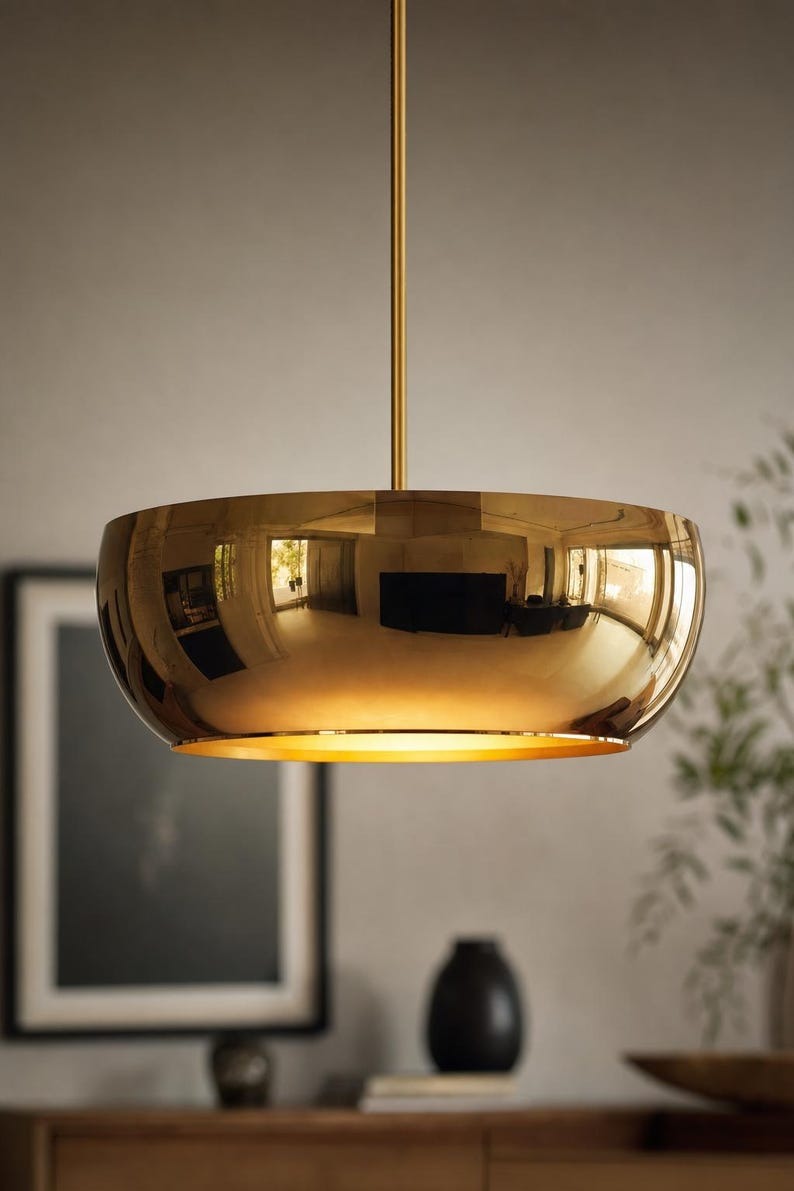 Handmade Polished Brass Pendant Light – Modern Moroccan Bowl Hanging Lamp for Kitchen Island, Dining Room & Luxury Home Decor