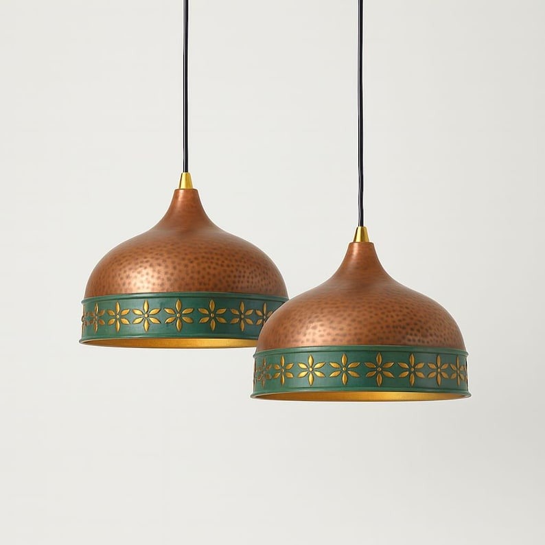 Hammered Brass Dome Pendant Light – Copper & Verdigris Floral Moroccan Kitchen Island Chandelier
