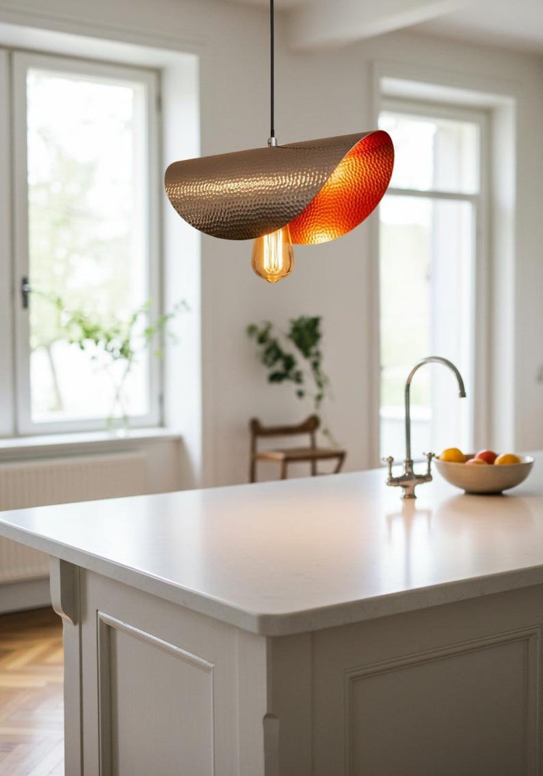 Hammered Brass Linear Pendant Light – Two-Tone Antique Brass and Copper Kitchen Island Fixture