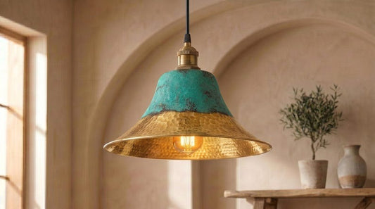 Handmade Brass Moroccan Pendant Light – Verdigris Green Patina & Hammered Brass Dome Kitchen Island Hanging Lamp, Boho Farmhouse Ceiling Light Fixture
