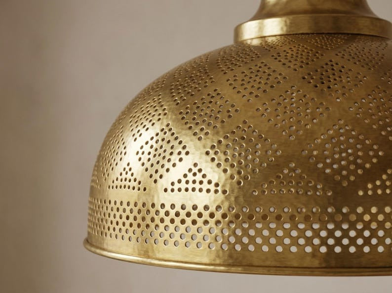Moroccan Pierced Brass Dome Pendant Light – Antique Gold Kitchen Island Chandelier with Geometric Shadow Pattern