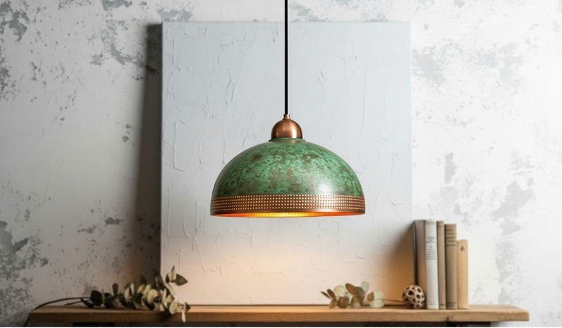 Green Patina Copper Pendant Light, Handmade Dome Ceiling Lamp, Rustic Moroccan Kitchen Island Chandelier with Copper Rim
