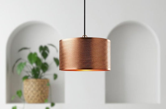 Handmade Moroccan Brass Drum Pendant Light – Perforated Copper Brass Cylinder Hanging Lamp, Warm Boho Mediterranean Ceiling Light for Kitchen Island, Dining Room, Bedroom & Living Room