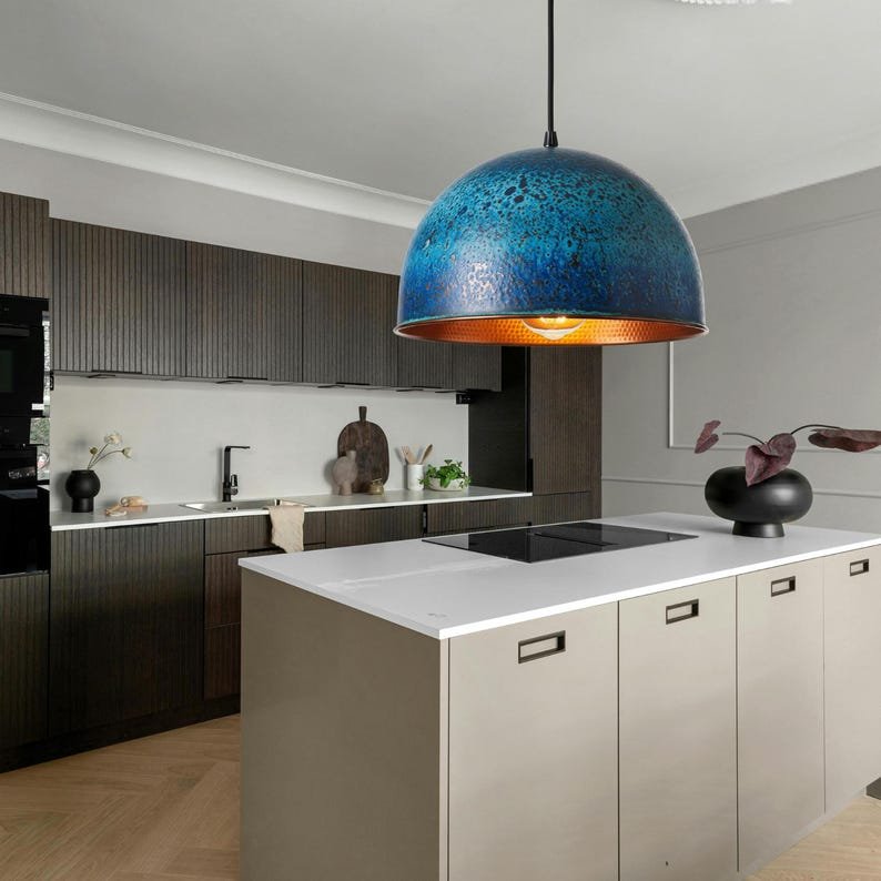 Blue Patina Copper Pendant Light, Handmade Moroccan Hammered Copper Dome Chandelier, Rustic Verdigris Kitchen Island Hanging Lamp, Boho Copper Ceiling Light Fixture