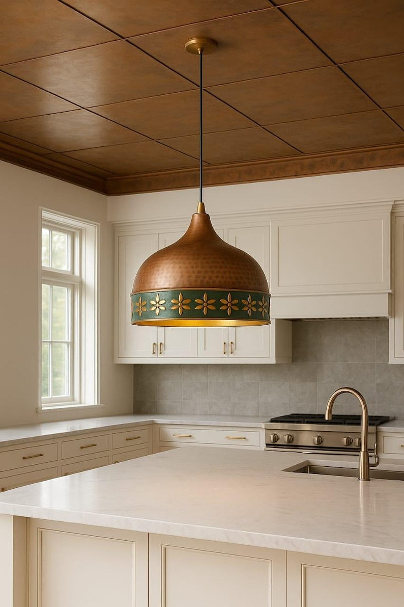 Hammered Brass Dome Pendant Light – Copper & Verdigris Floral Moroccan Kitchen Island Chandelier