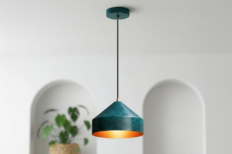Handmade Moroccan Brass Cone Pendant Light – Dark Green Verdigris Patina Brass Hanging Lamp with Matching Ceiling Canopy, Boho Mediterranean Ceiling Light for Kitchen Island, Dining Room, Bedroom & Entryway