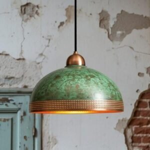 Green Patina Copper Pendant Light, Handmade Dome Ceiling Lamp, Rustic Moroccan Kitchen Island Chandelier with Copper Rim