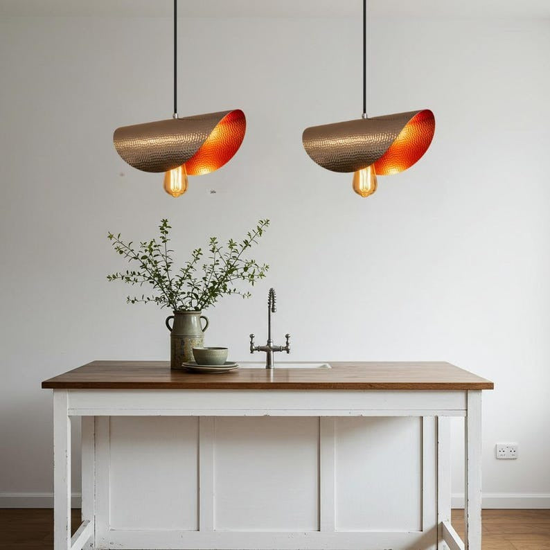 Hammered Brass Linear Pendant Light – Two-Tone Antique Brass and Copper Kitchen Island Fixture