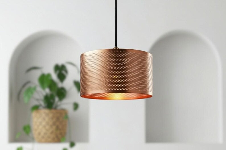 Handmade Moroccan Brass Drum Pendant Light – Perforated Copper Brass Cylinder Hanging Lamp, Warm Boho Mediterranean Ceiling Light for Kitchen Island, Dining Room, Bedroom & Living Room