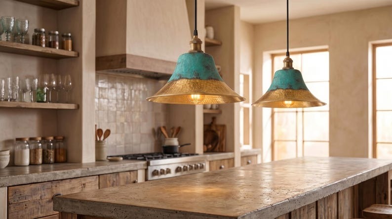 Handmade Brass Moroccan Pendant Light – Verdigris Green Patina & Hammered Brass Dome Kitchen Island Hanging Lamp, Boho Farmhouse Ceiling Light Fixture