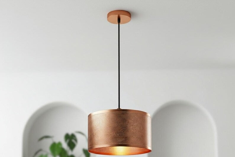 Handmade Moroccan Brass Drum Pendant Light – Perforated Copper Brass Cylinder Hanging Lamp, Warm Boho Mediterranean Ceiling Light for Kitchen Island, Dining Room, Bedroom & Living Room
