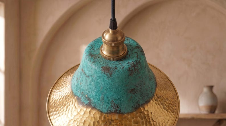 Handmade Brass Moroccan Pendant Light – Verdigris Green Patina & Hammered Brass Dome Kitchen Island Hanging Lamp, Boho Farmhouse Ceiling Light Fixture
