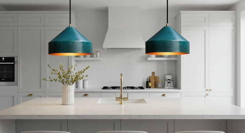Handmade Moroccan Brass Cone Pendant Light – Dark Green Verdigris Patina Brass Hanging Lamp with Matching Ceiling Canopy, Boho Mediterranean Ceiling Light for Kitchen Island, Dining Room, Bedroom & Entryway