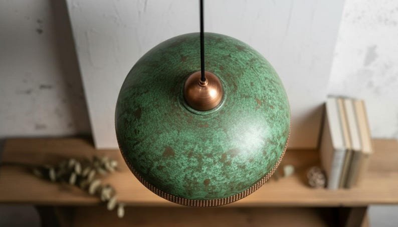 Green Patina Copper Pendant Light, Handmade Dome Ceiling Lamp, Rustic Moroccan Kitchen Island Chandelier with Copper Rim